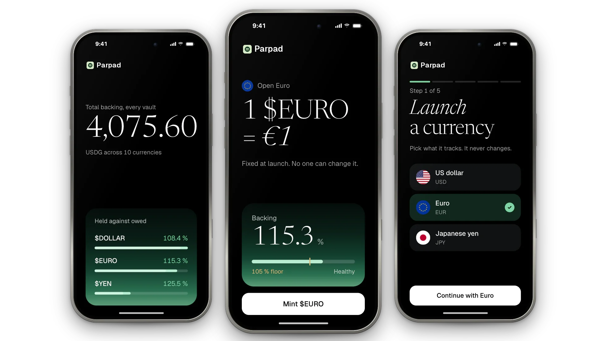 Parpad app on three iPhones: Explore with total backing, a token page, the launch wizard